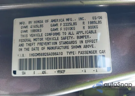 2006 Honda Accord 2.4 Ex z USA, uszkodzony, nr VIN 1HGCM56826A096410